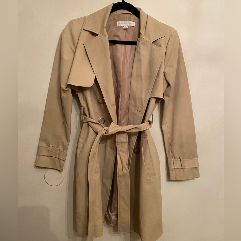 New York & Company Beige Trench Coat with Cinched Waist Tie- Size XS
